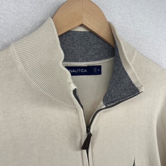 NAUTICA Sweater Mens XL Golf 1/4 Zip Mock Neck Pullover Jumper Cotton Beige - Picture 8 of 15